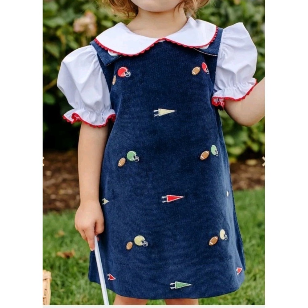 The Beaufort Bonnet Co Girls  Blue Corduroy Jumper Dress Football Preppy Sz 8